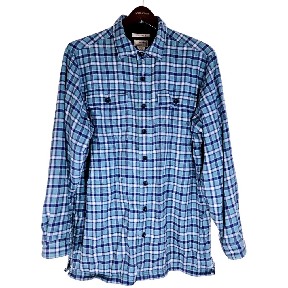 LL Bean Mens Fleece Lined Flannel‎ Shirt Large Tall Plaid Button Up Teal - Picture 2 of 9
